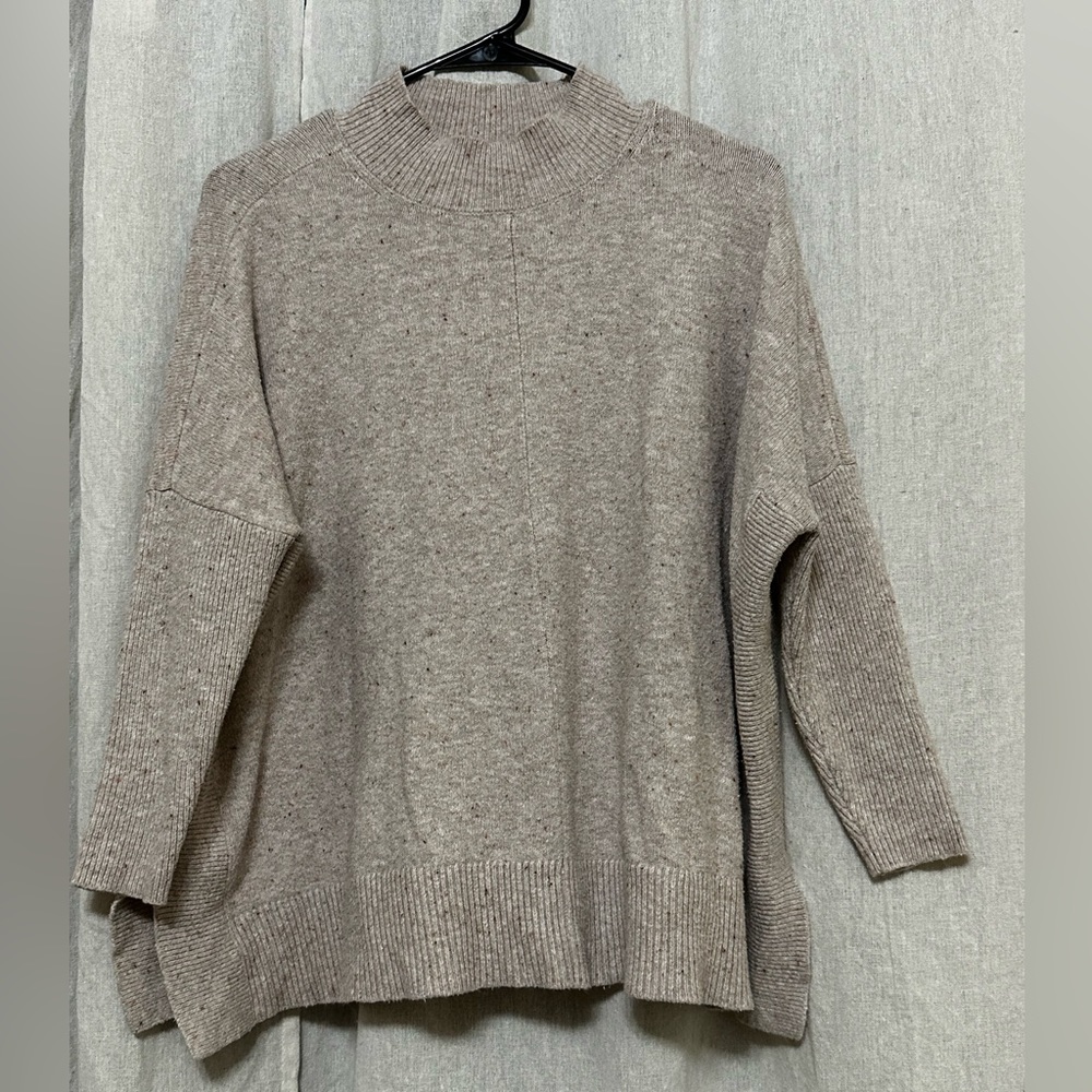 LOFT Sweater Womens S Petite Beige Confetti Knit Slouchy Stretch Mock Neck